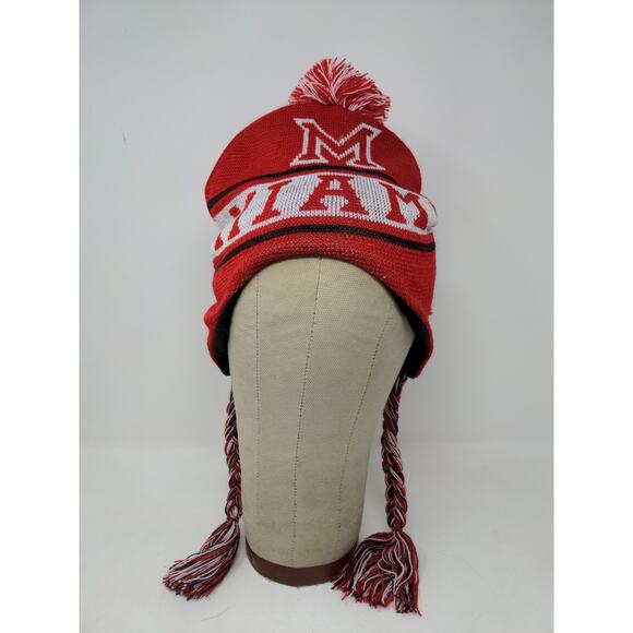 Miami Florida Beanie Hat 100% Acrylic Red & White W/Pom Pom and Strings - Picture 2 of 11